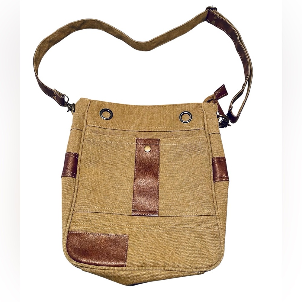 Canvas Messenger Bag Cross Body Unisex  Faux Leather Accents Travel Tan & Brown
